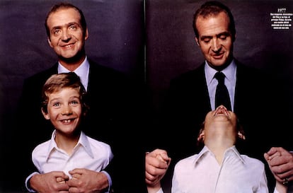 15 de enero de 1977. El rey Juan Carlos con su hijo, el príncipe Felipe, durante una sesión de fotos para El País Semanal.