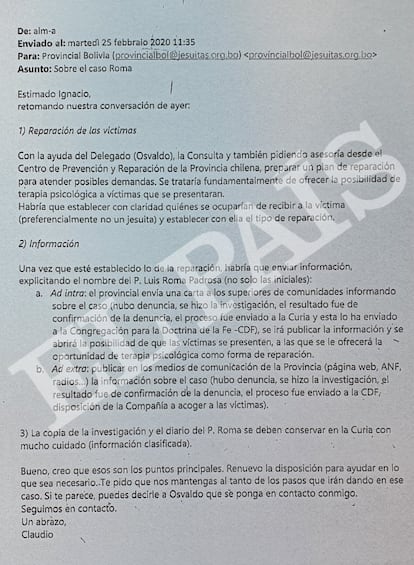 Correo electrónico enviado por Claudio Paul, consejero en la Curia de los jesuitas en Roma, al provincial de la Compañía en Bolivia, Ignacio Suñol, donde le pedía ocultar 'Los Manuscritos de Charagua'.