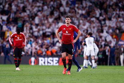 Harry Maguire, del Manchester United, se lamenta durante la final de la UEFA Europa League.