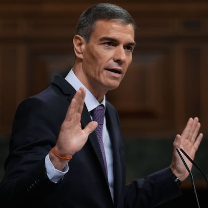 MADRID, 09/07/2025.- El presidente del Gobierno, Pedro Sánchez, interviene durante el pleno extraordinario este miércoles, en el Congreso de los Diputados en Madrid. EFE/ Borja Sanchez-Trillo
