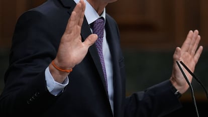 MADRID, 09/07/2025.- El presidente del Gobierno, Pedro Sánchez, interviene durante el pleno extraordinario este miércoles, en el Congreso de los Diputados en Madrid. EFE/ Borja Sanchez-Trillo