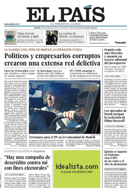 Una macrorredada contra la corrupción con decenas de detenidos, la Operación Púnica, fue el inicio de otro caso más de corrupción en España. La parte más visible fue la detención de Francisco Granados, un político del PP que había sido cercanísimo colaborador de Esperanza Aguirre durante muchos años. Púnica consistió en adjudicaciones de contratos públicos asociadas a mordidas (comisiones) del 2 ó 3%. Se hablaba de 250 millones de euros desde 2012.<p> <b>Noticia</b>: <a href="http://politica.elpais.com/politica/2014/10/27/actualidad/1414399445_044122.html" target="blank">Detenido Francisco Granados en una macrorredada contra la corrupción</a>