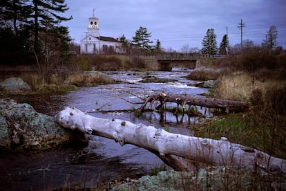 The Pleasant River flows through Columbia Falls, Maine, Thursday, April 27, 2023.