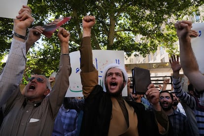 Demonstrators chant slogans during a protest of the burning of a Quran in Sweden, in front of the Swedish Embassy in Tehran, Iran, Friday, June 30, 2023.