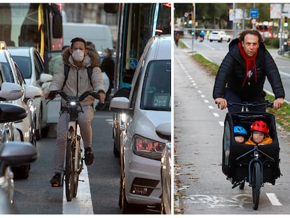 A la izquierda, un ciclista circula por la Gran Vía de Madrid el pasado viernes. Al lado, un padre lleva a sus dos hijos por un carril bici de Barcelona. VÍCTOR SAINZ / CRISTÓBAL CASTRO