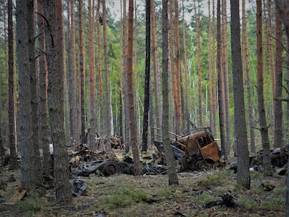 Russian military vehicles destroyed in a Ukrainian counterattack near Kyiv.