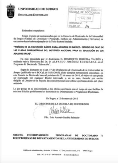 Hoja de registro de la tesis de Moreira en la Universidad de Burgos, fechada el 12 de enero, cuatro días antes de su arresto en Madrid.