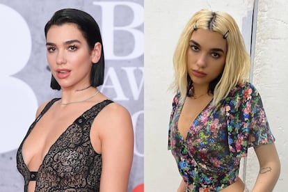 Dua Lipa. La cantante se hizo mundialmente conocida primero con una larga melena morena y luego con el corte bob, también oscuro. Para el lanzamiento de su último disco, Future Nostalgia, primero sorprendió con unas fuertes mechas rubias combinadas con su color real, para luego decidirse por teñir toda su cabellera.