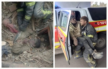 Combinación de imágenes donde se muestra a una mujer antes y después de que el personal de rescate la sacaran de entre los escombros tras un ataque en la ciudad de Rubizhne, en la región de Lugansk. El gobernador de la región ucrania de Donetsk, Pavlo Kirilenko, ha denunciado que dos civiles han muerto y cinco están heridos después de haber sido atacados por soldados rusos mientras hacían cola en un punto de distribución de ayuda humanitaria.