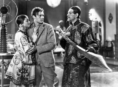 Myrna Loy, Charles Starrett, Boris Karloff, THE MASK OF FU MANCHU