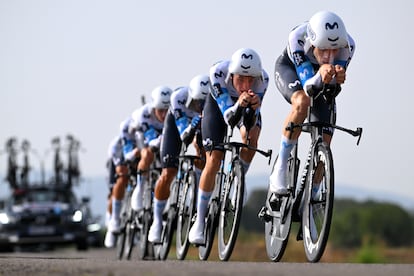 Los ciclistas del Movistar Team, en la etapa 5 de la Vuelta, contrarreloj por equipos con salida y meta en Figueras.