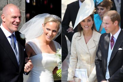 Arriba, Mike Tindall y Zara Phillips al salir de la iglesia. Derecha Catalina y Guillermo, duques de Cambridge.