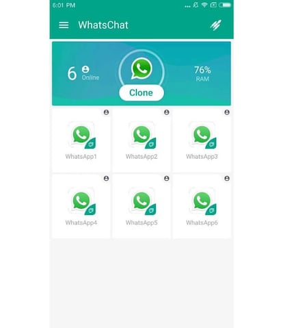 En esta pantalla de WhatsChat podemos ver clonadas hasta seis cuentas de la app de mensajería