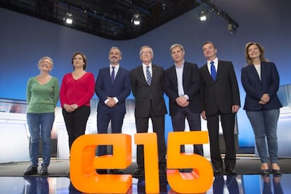 Los siete candidatos a la alcald&iacute;a de Barcelona,en un debate electoral.