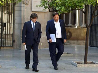 El president de la Generalitat, Carles Puigdemont, i el vicepresident, Oriol Junqueras, aquest dimarts.