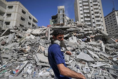 Un palestino, con un gato rescatado entre las ruinas de un edificio bombardeado por Israel, el martes en Gaza.