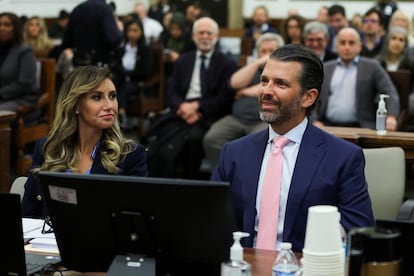 Lawyer Alina Habba and former U.S. President Donald Trump's son and co-defendant, Donald Trump Jr.