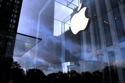 FILE PHOTO: The Apple Inc. logo is seen hanging at the entrance to the Apple store on 5th Avenue in New York