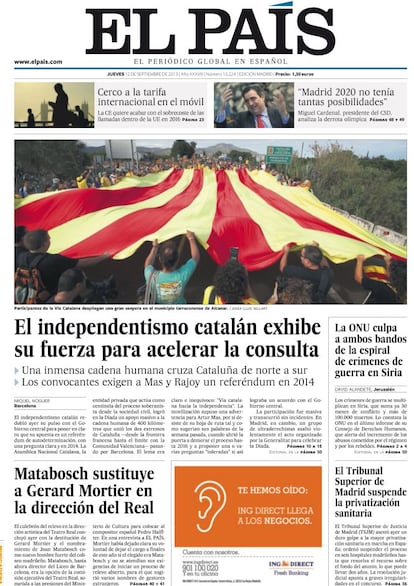 12 de septiembre de 2013. El independentismo cataln deja claro que su apuesta es un referndum de autodeterminacin en 2014. La Asamblea Nacional Catalana logra en la Diada un apoyo masivo a la cadena humana de 400 kilmetros que une los dos extremos de la autonoma, desde la frontera francesa hasta el lmite con la Comunidad Valenciana, pasando por Barcelona.