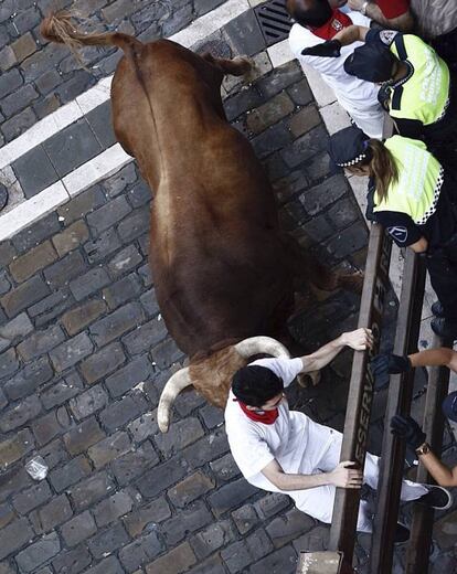 Toro de la ganadería de Cebada Gago, que han protagonizado un encierro muy peligroso, con al menos cinco heridos por asta, pasa por la curva de Mercaderes durante el segundo encierro de los Sanfermines de 2016.