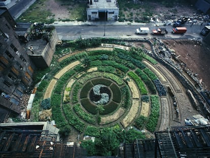 Adam Purple diseñó un laberinto de círculos concéntricos conectados entre sí con el 'taijitu' (el símbolo del 'yin' y el 'yang') en su núcleo. A medida que se demolían edificios contiguos, Purple añadía nuevos anillos al jardín.