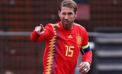 Sergio Ramos, tras anotar su gol a Islas Feroe.