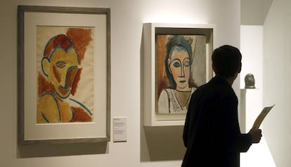 'Estudi de cap per a nu amb tovallola' i 'Bust d'home per 'Les Senyorets d'Avinyó', de Pablo Picasso, les dues del 1907.