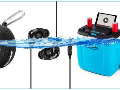 De izquierda a derecha: mini altavoz bluetooth impermeable, auriculares sumergibles acuáticos y nevera 'trolley' portátil con altavoz bluetooth extraíble.