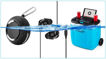 De izquierda a derecha: mini altavoz bluetooth impermeable, auriculares sumergibles acuáticos y nevera 'trolley' portátil con altavoz bluetooth extraíble.