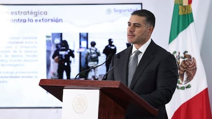 Omar García Harfuch, en la presentación de la Estrategia Nacional contra la Extorsión, el 6 de julio.