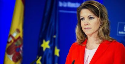 La presidenta de Castilla-La Mancha, María Dolores de Cospedal, durante la rueda de prensa que ha ofrecido este jueves en el Palacio de Fuensalida, sede de la Presidencia castellanomanchega.