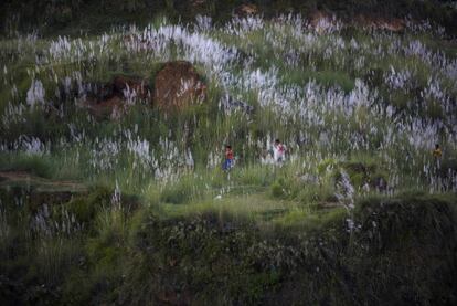 Unos niños juegan en unas colinas en Katmandú (Nepal).