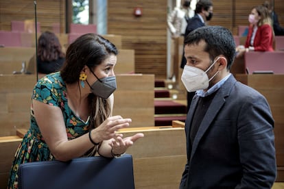 La consejera de Agricultura, Emergencia Climática y Transición Ecológica, Mireia Mollà, con el consejero de Educación, Vicent Marzà, en una sesión del pleno de las Cortes Valencianas.