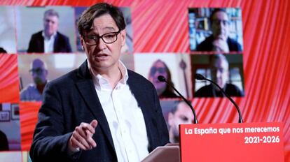Salvador Illa, durante su intervención en el Comité Federal del partido en la sede del PSC en Barcelona.