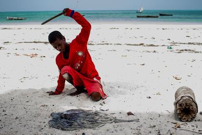En la arena, los niños descaman los pescados con afilados cuchillos o apalean pulpos para que no se queden tiesos. Es el día a día en Uroa.