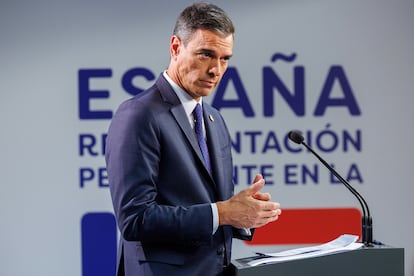 El presidente del Gobierno, Pedro Sánchez, durante una rueda de prensa en Bruselas el 30 de junio.