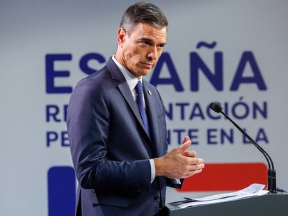 El presidente del Gobierno, Pedro Sánchez, durante una rueda de prensa en Bruselas el 30 de junio.