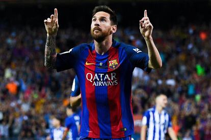 Lionel Messi celebra el primer gol de Barcelona.