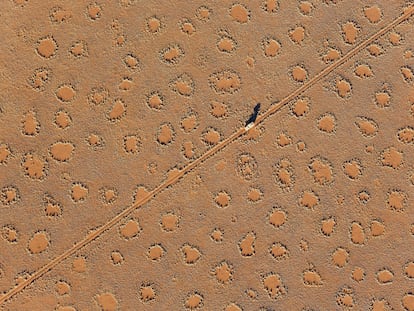 The Fairy Circles are circular patches without any vegetation which according to recent scientific studies are caused by termites. Photographed from a hot-air balloon.