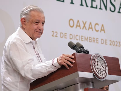 Mexico President Andrés Manuel López Obrador attends his daily press conference. Oaxaca, Mexico. December 22, 2023.