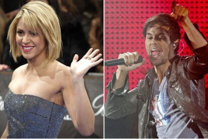 Shakira saluda al llegar a la gala musical, y Enrique Iglesias, ayer en un momento de su actuación.