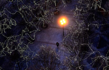 TOPSHOT - A woman walks under trees decorated with Christmas lights at the Old Town Square in Prague, Czech Republic on November 28, 2016. / AFP PHOTO / Michal Cizek