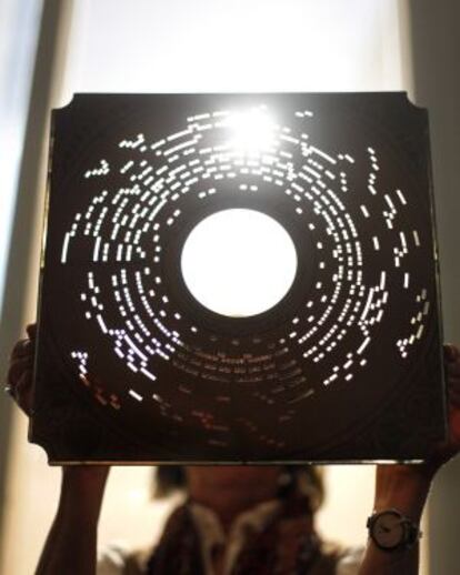 A cardboard music disc displayed as part of the National Library's 300th anniversary celebrations.