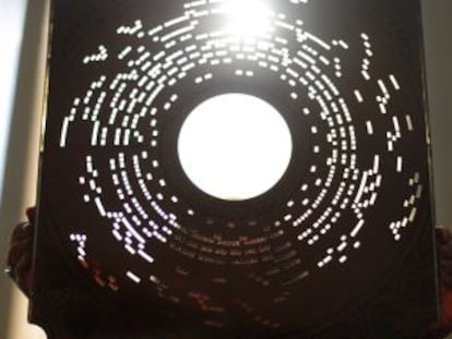 A cardboard music disc displayed as part of the National Library's 300th anniversary celebrations.