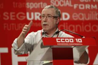 El candidato a la Secretaría General de CCOO, Ignacio Fernández Toxo, durante su intervención hoy en el Congreso Confederal de CCOO que se celebra en Madrid.