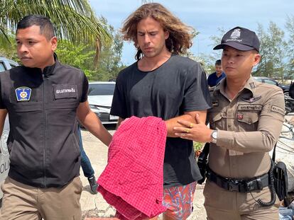 Daniel Sancho is escorted while assisting Thai police with investigations after he was arrested on charges of murder.