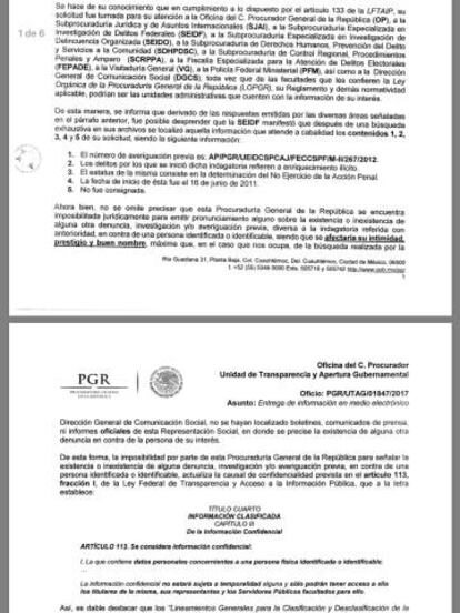 Respuesta emitida por la PGR en la solicitud 0001700048917.