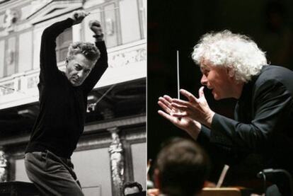 Herbert von Karajan, en un ensayo con la Filarmónica de Viena en 1966. A la derecha, Simon Rattle dirige a la Filarmónica de Berlín en el Teatro Real el pasado mayo.