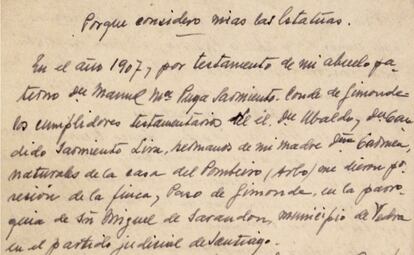 Parte del documento del conde de Ximonde en el que expone las razones por las que considera propiedad de su familia dos estatuas del Maestro Mateo expoliadas por Franco. 