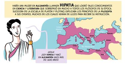 Una de las paginas del cómic que introduce la historia de Hipatia.